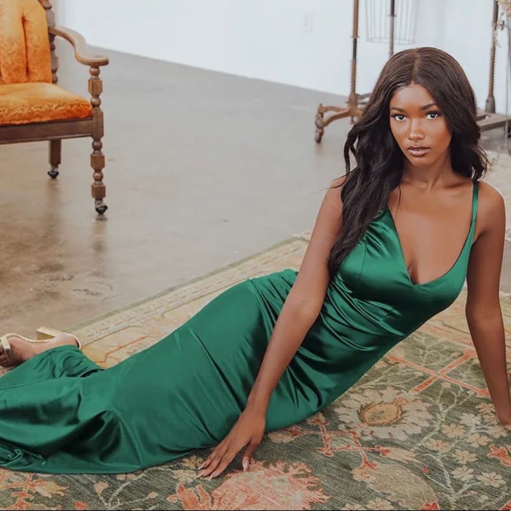 NWT Lulus Melora Green Satin Maxi Dress